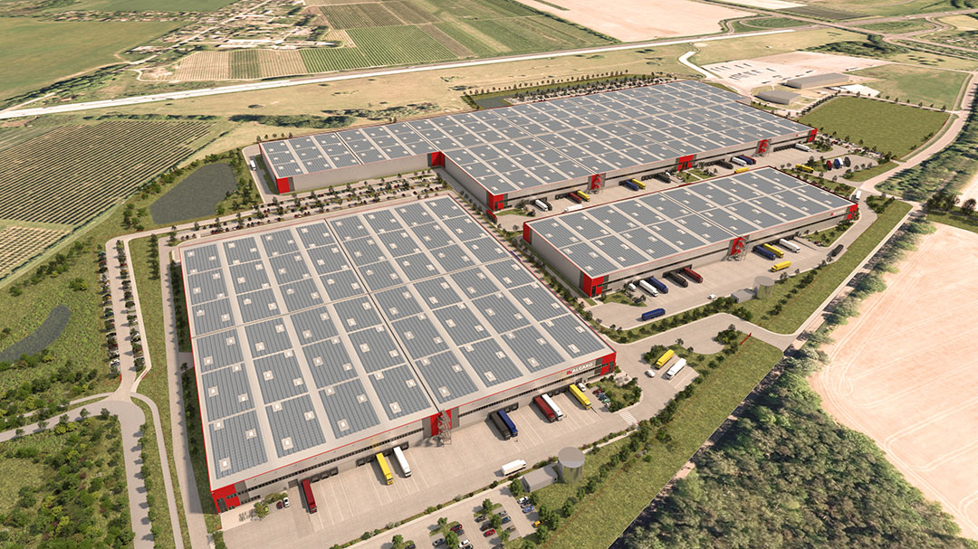 Visualisierung der Halle A-C Log Plaza Frankfurt (Oder): Halle A links vorn mit 41.000 Quadratmetern Hallenfläche (voll vermietet), Halle B hinten mit 90.000 Quadratmetern (Baubeginn 1.Quartal 2024) und Halle C rechts vorn mit 20.000 Quadratmetern Hallenfläche.