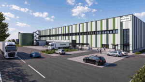 Die Visualisierung zeigt den Logistikneubau in Kerpen bei Fertigstellung.